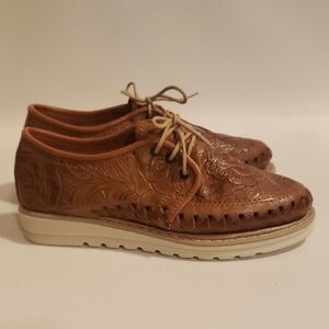 Brown and White Leather Flats with Perforated Design